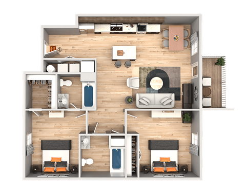 A top-down view of a house layout with a kitchen, living room, and two bedrooms.